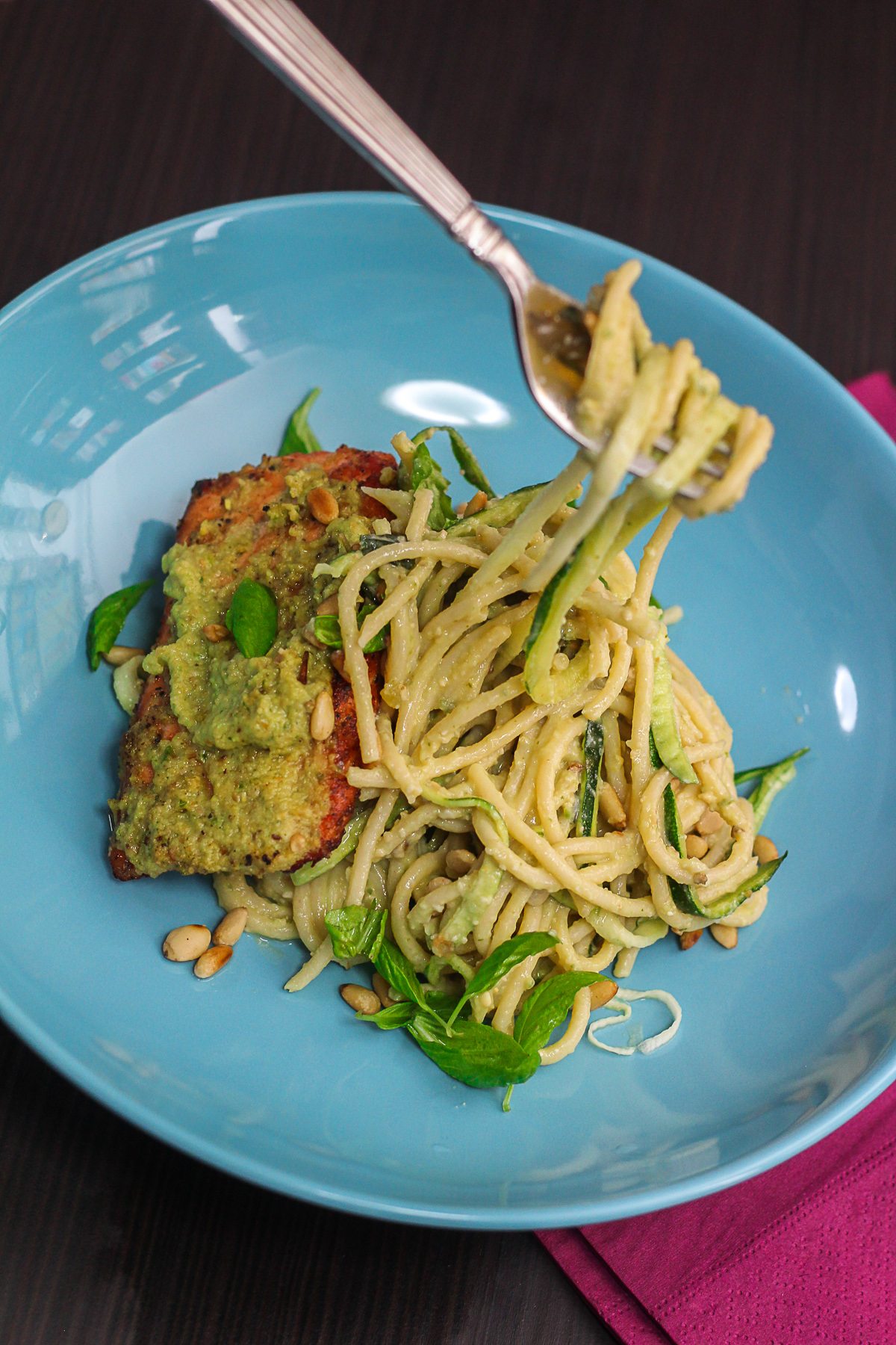 Delicious Pesto Spaghetti with Seared Salmon - Maya Kitchenette
