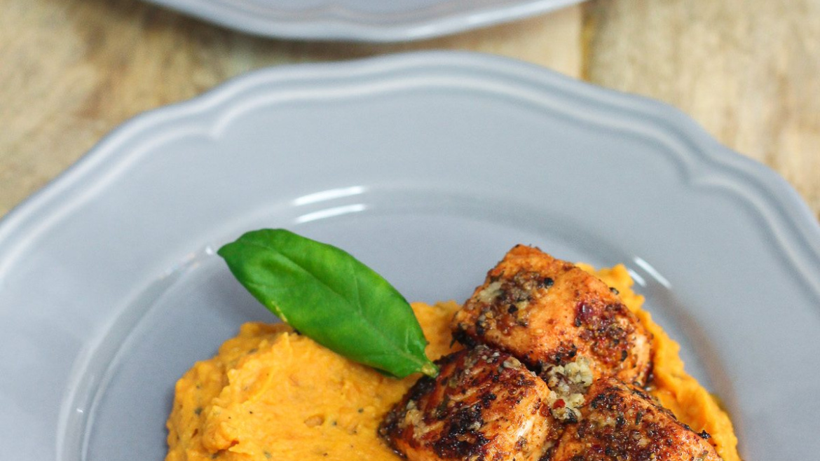Salmon with Lemon Herb Butter and Garlic Mashed Sweet Potatoes