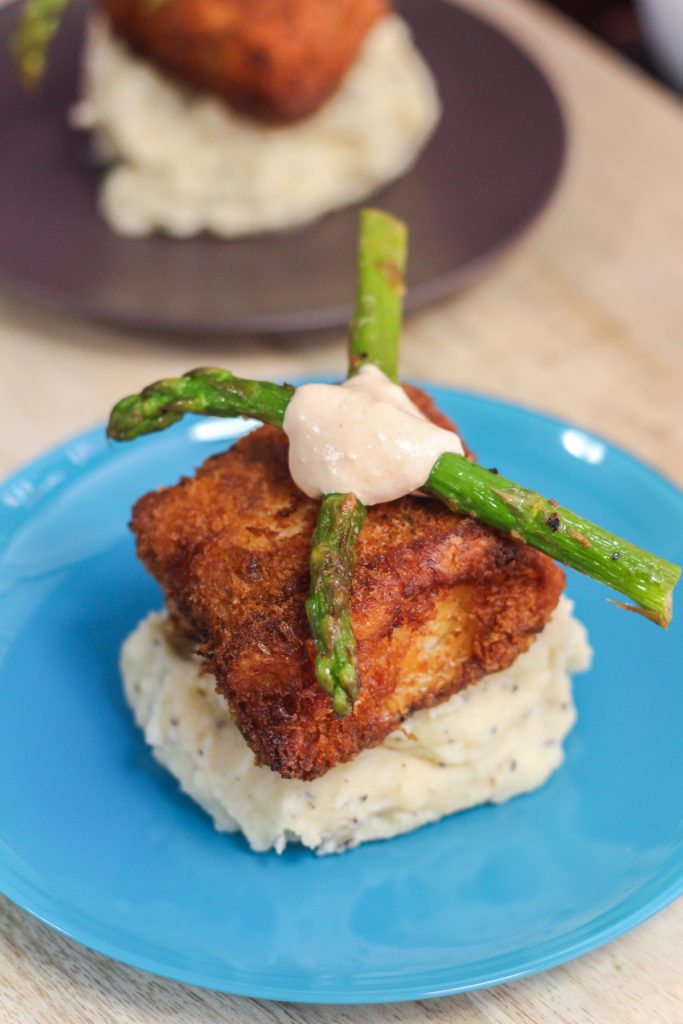 Crispy Cod with Mashed Potatoes and Creamy Chipotle Sauce