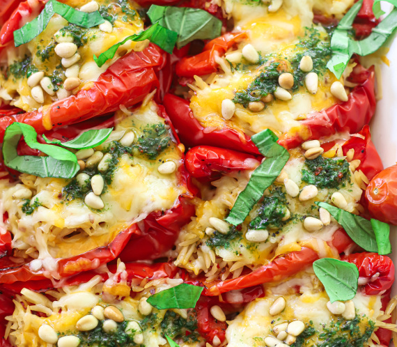 Cheesy Orzo Stuffed Red Peppers